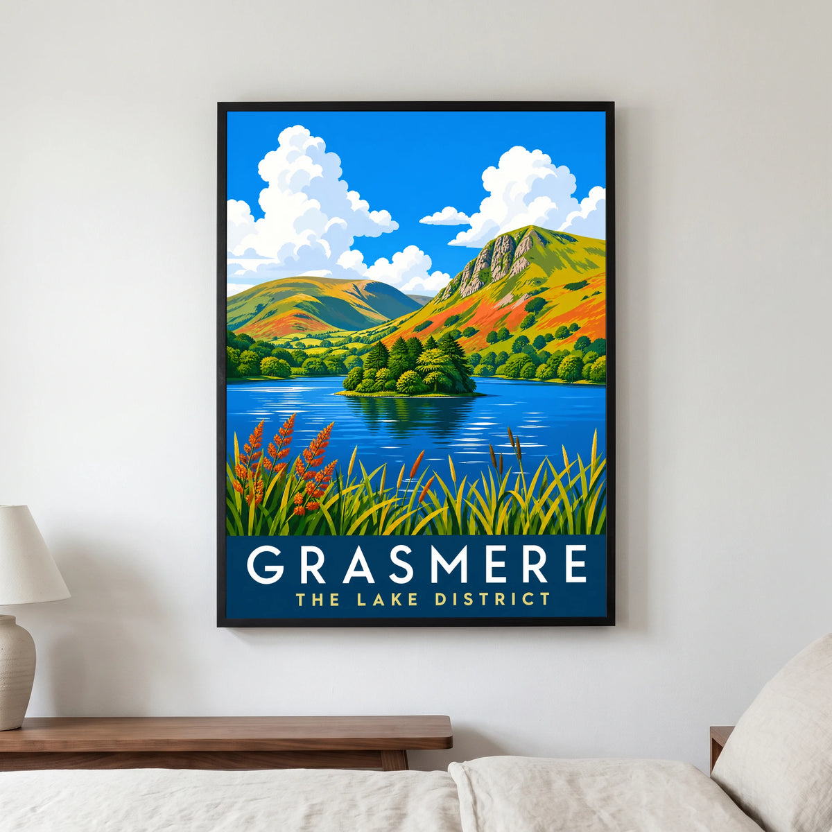 Grasmere travel poster in a black frame, hanging in a bedroom3