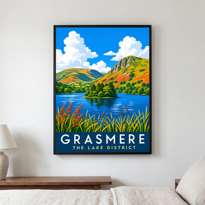 Grasmere travel poster in a black frame, hanging in a bedroom3