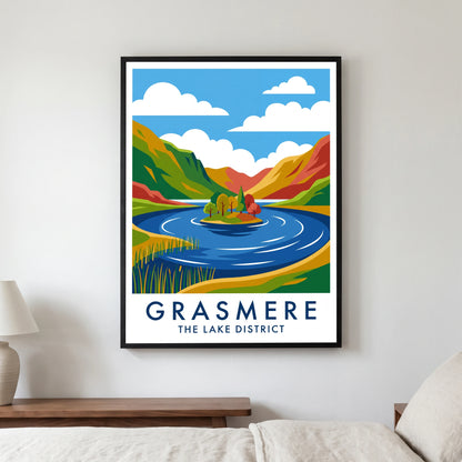 Grasmere travel poster in a black frame, hanging in a bedroom3