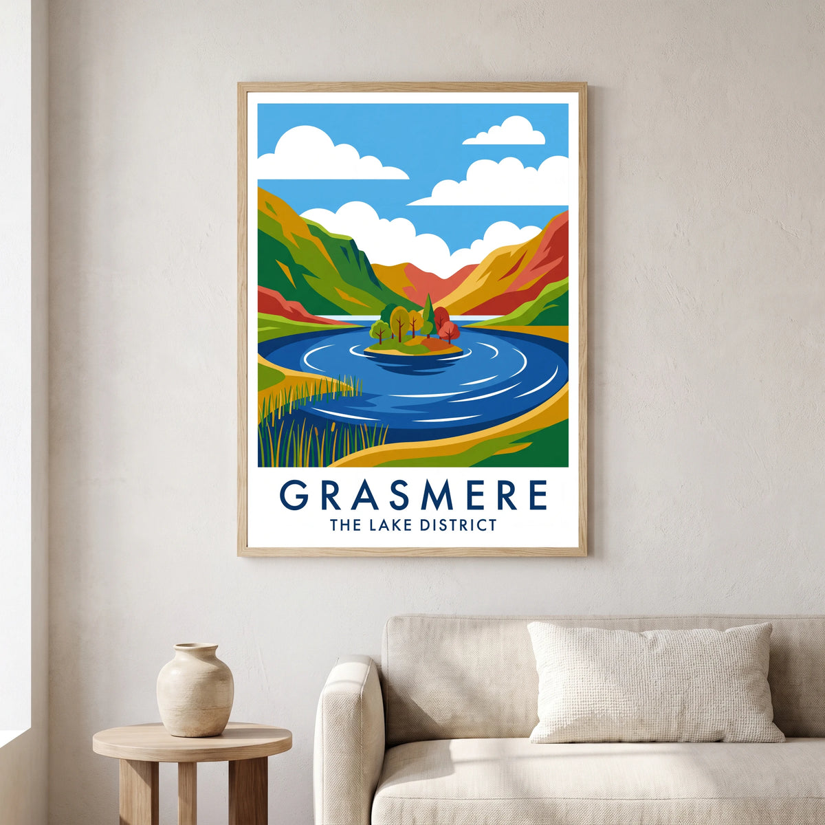 Grasmere travel poster in a natural frame, hanging in a living