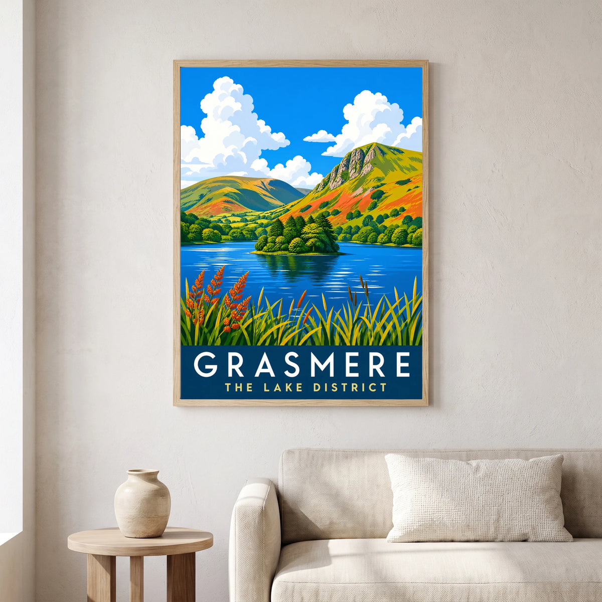 Grasmere travel poster in a natural frame, hanging in a living
