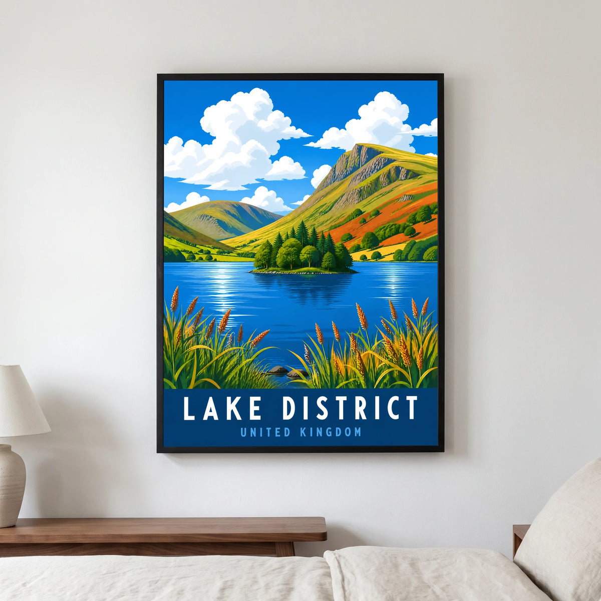 Grasmere travel poster in a black frame, hanging in a bedroom3