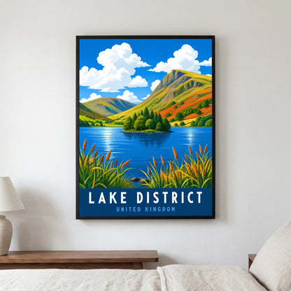Grasmere travel poster in a black frame, hanging in a bedroom3