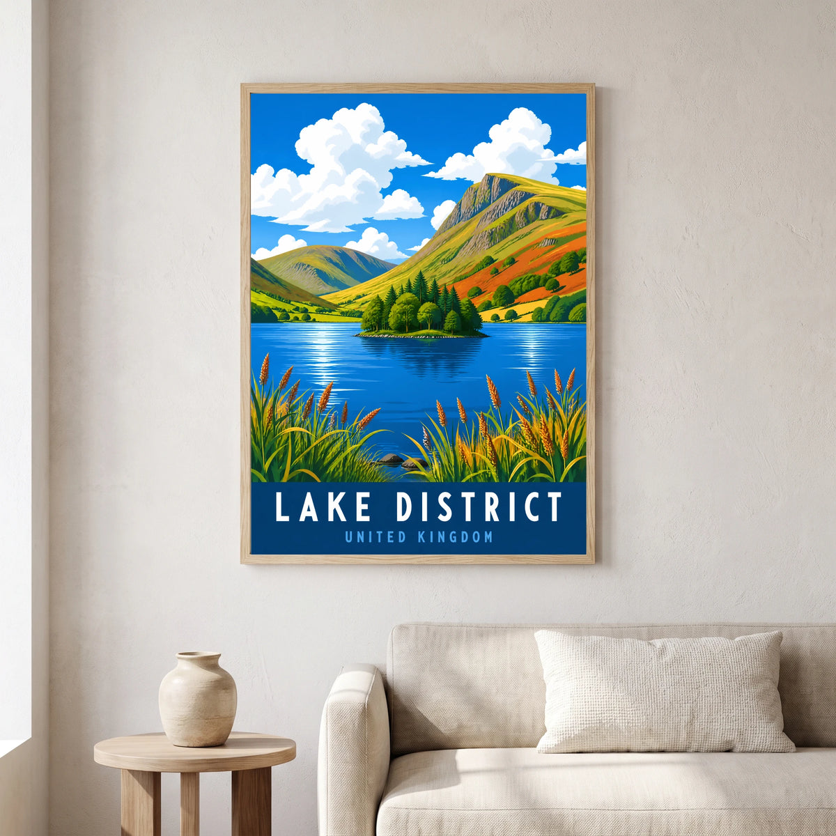 Grasmere travel poster in a natural frame, hanging in a living