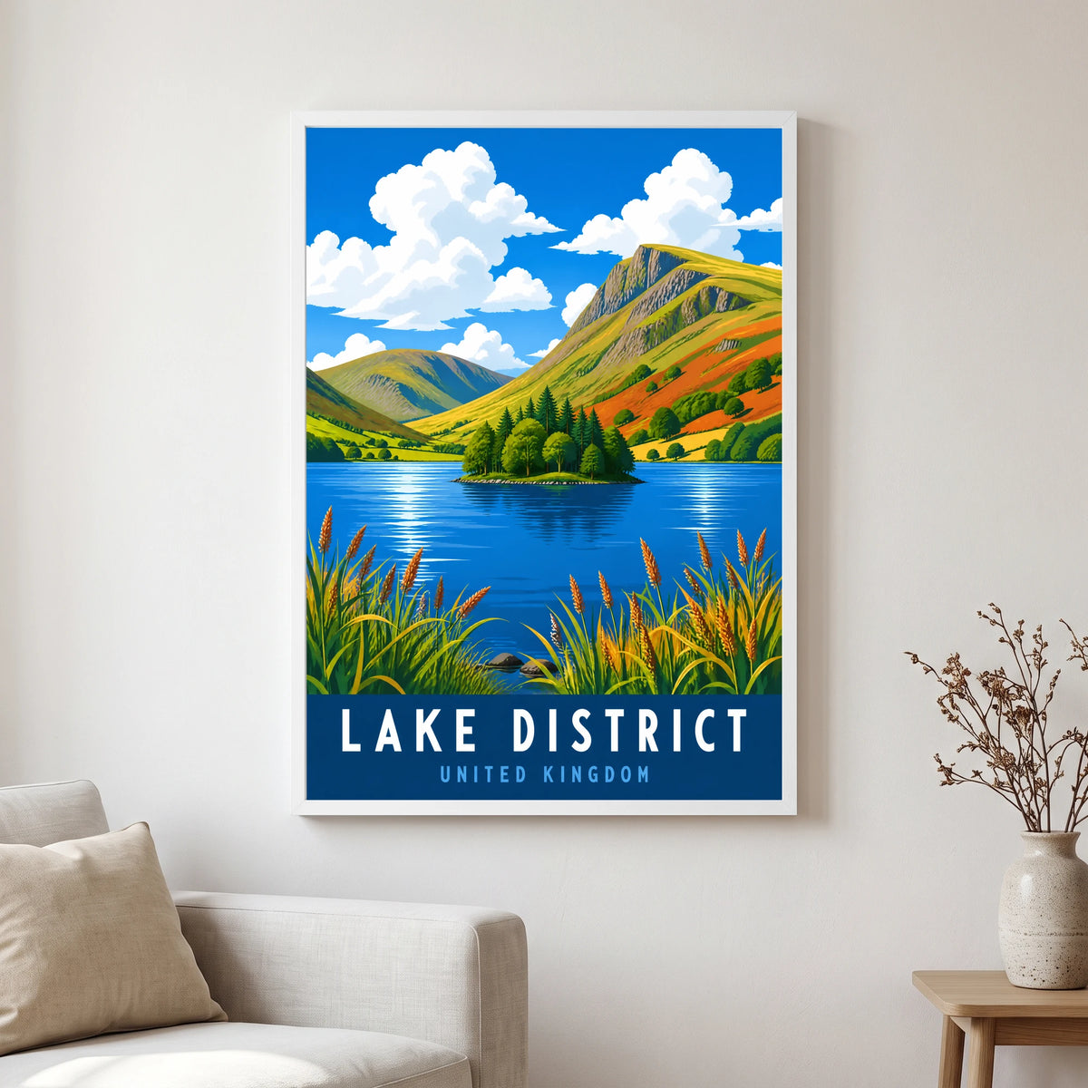 Grasmere travel poster in a white frame, hanging in a living2