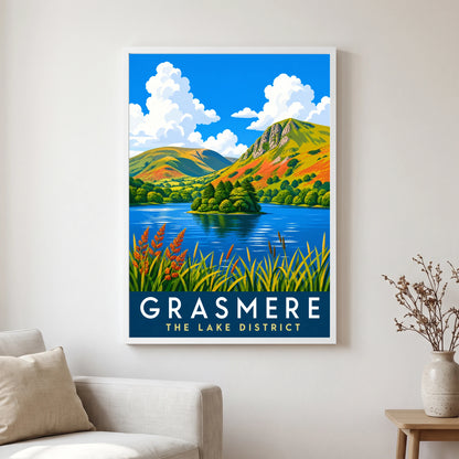 Grasmere travel poster in a white frame, hanging in a living2