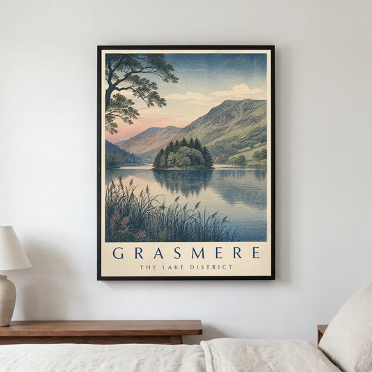 Grasmere travel poster in a black frame, hanging in a bedroom3
