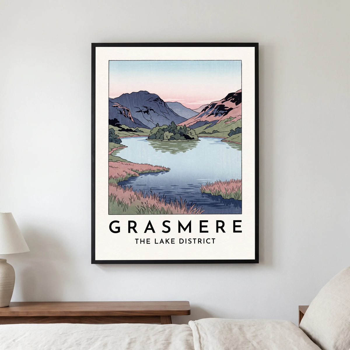 Grasmere travel poster in a black frame, hanging in a bedroom3