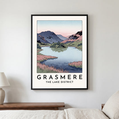 Grasmere travel poster in a black frame, hanging in a bedroom3