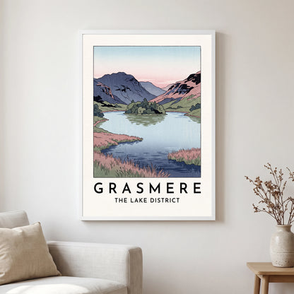 Grasmere travel poster in a white frame, hanging in a living2