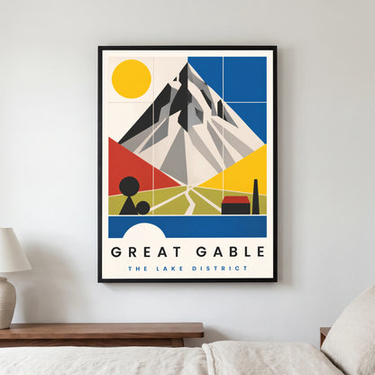 Great Gable travel poster in a black frame, hanging in a bedroom3