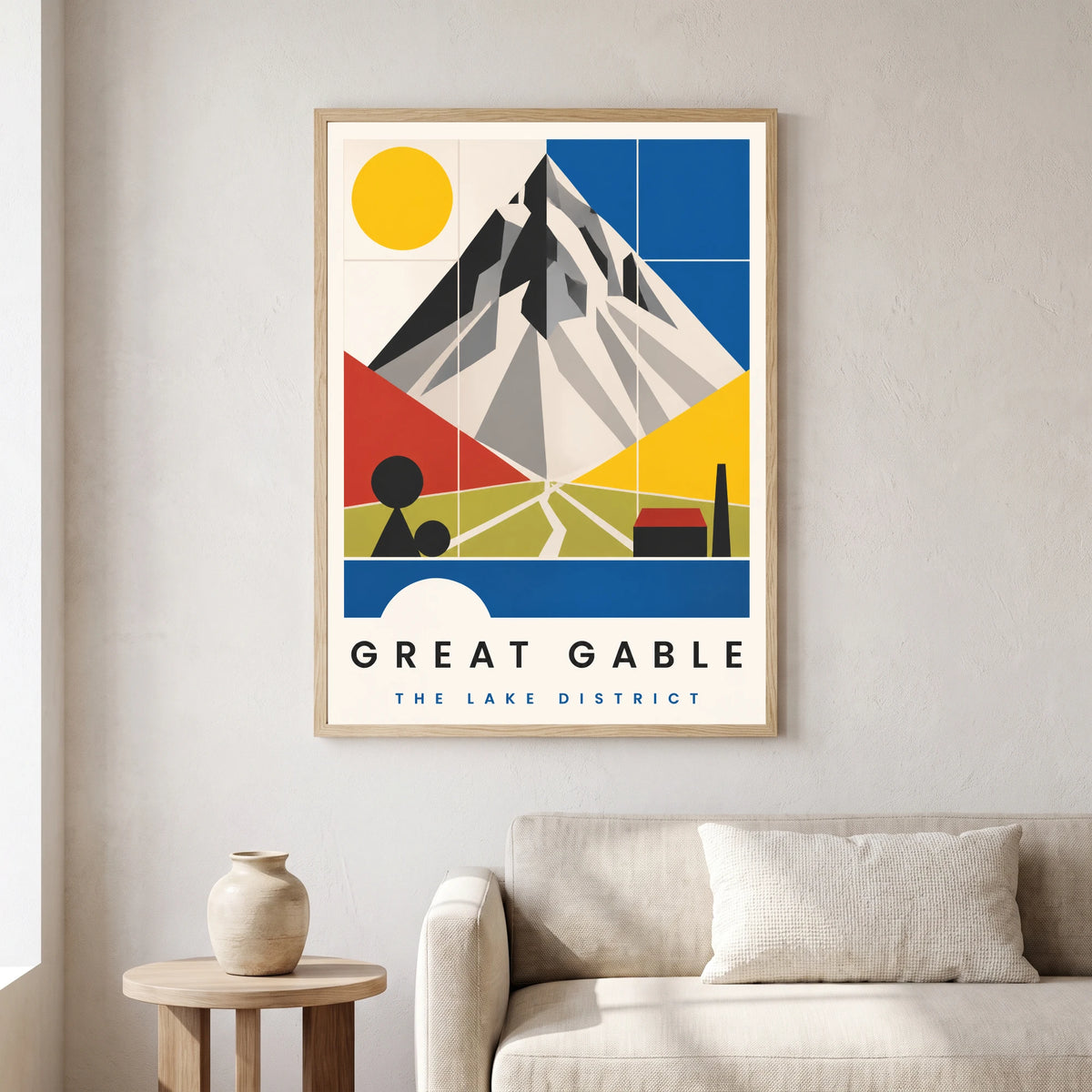 Great Gable travel poster in a natural frame, hanging in a living