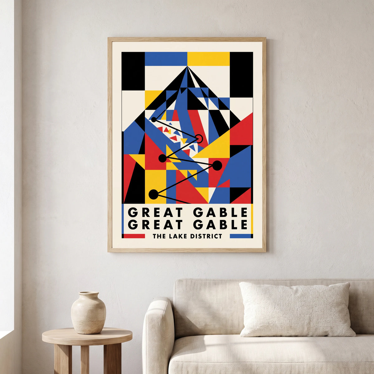 Great Gable travel poster in a natural frame, hanging in a living