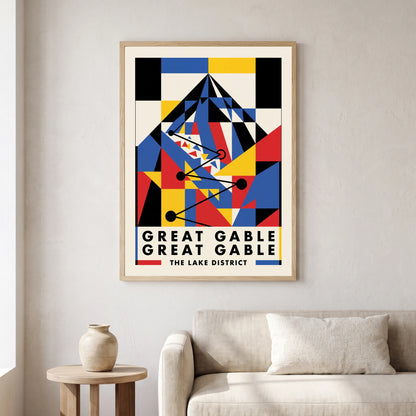 Great Gable travel poster in a natural frame, hanging in a living