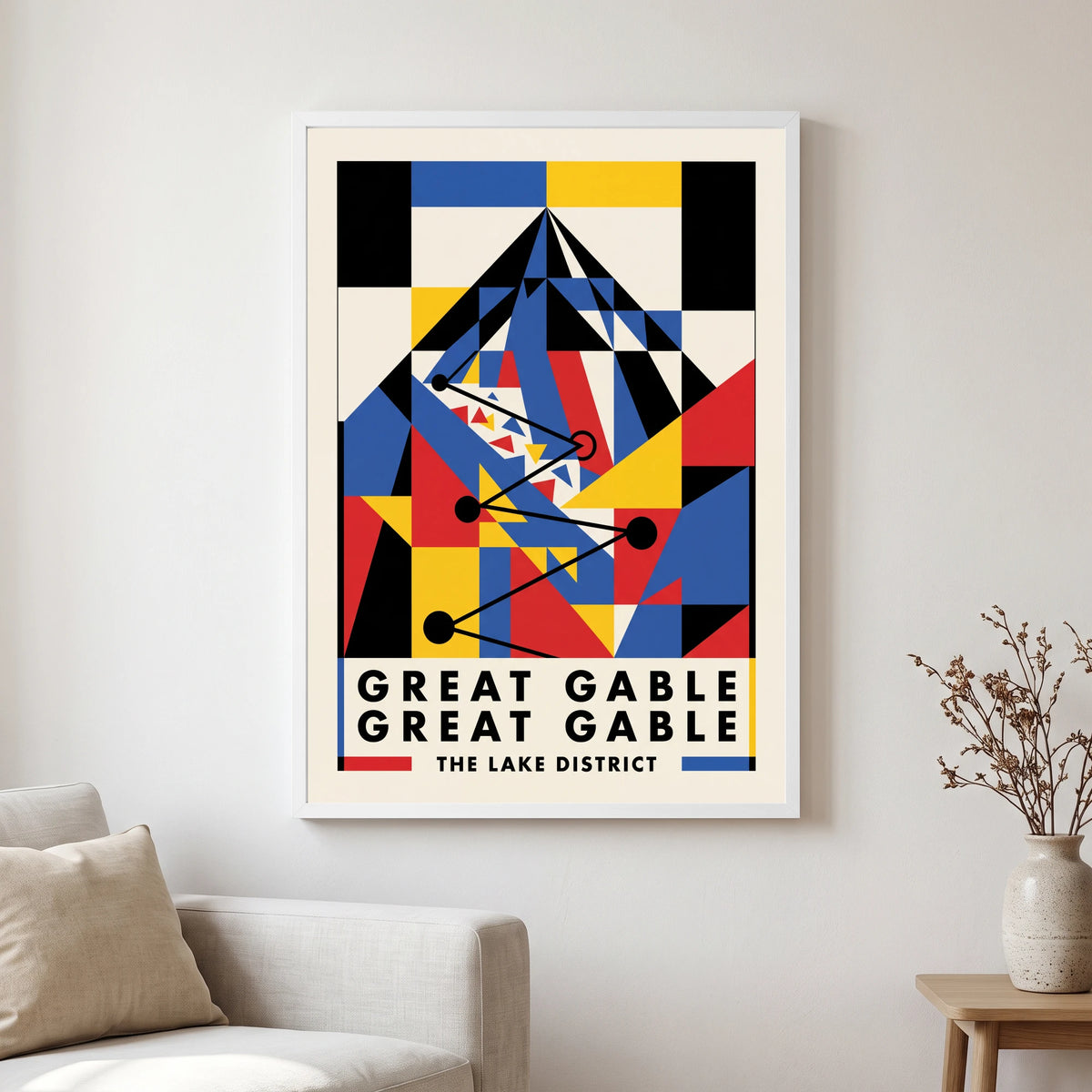 Great Gable travel poster in a white frame, hanging in a living2