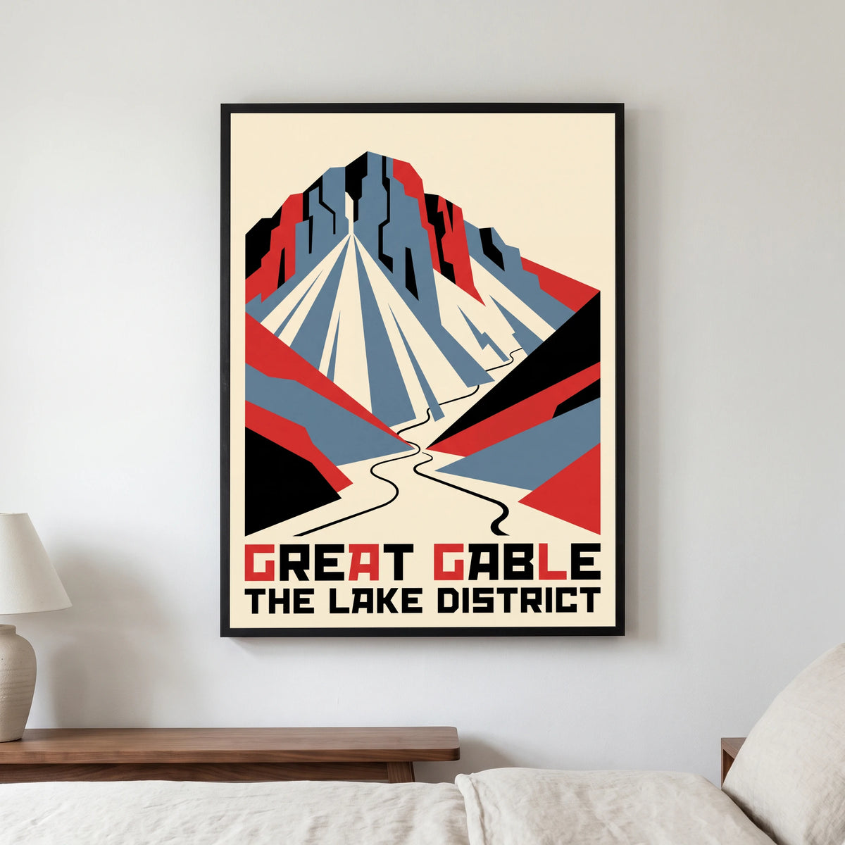 Great Gable travel poster in a black frame, hanging in a bedroom3