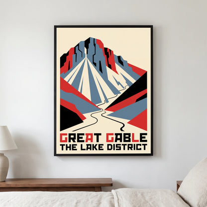 Great Gable travel poster in a black frame, hanging in a bedroom3
