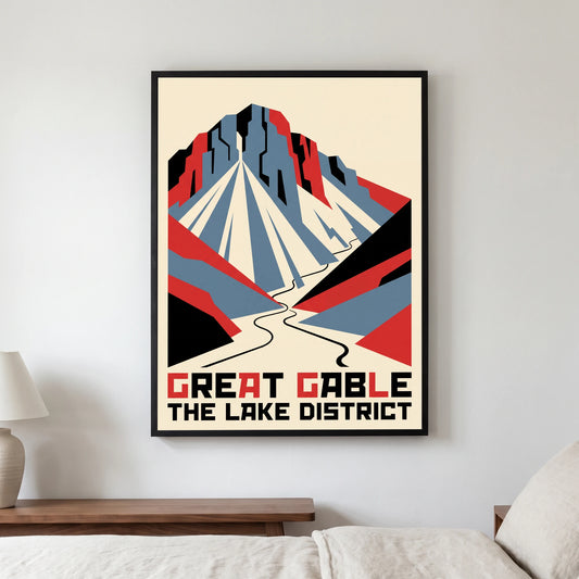 Great Gable travel poster in a black frame, hanging in a bedroom3