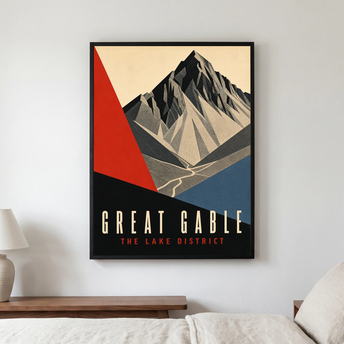 Great Gable travel poster in a black frame, hanging in a bedroom3