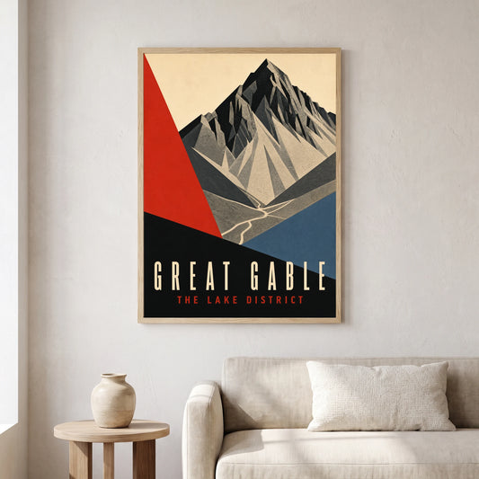 Great Gable travel poster in a natural frame, hanging in a living