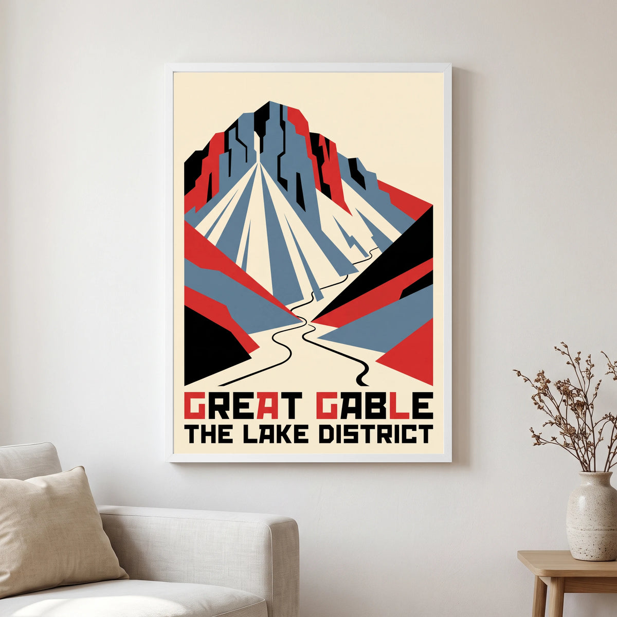 Great Gable travel poster in a white frame, hanging in a living2