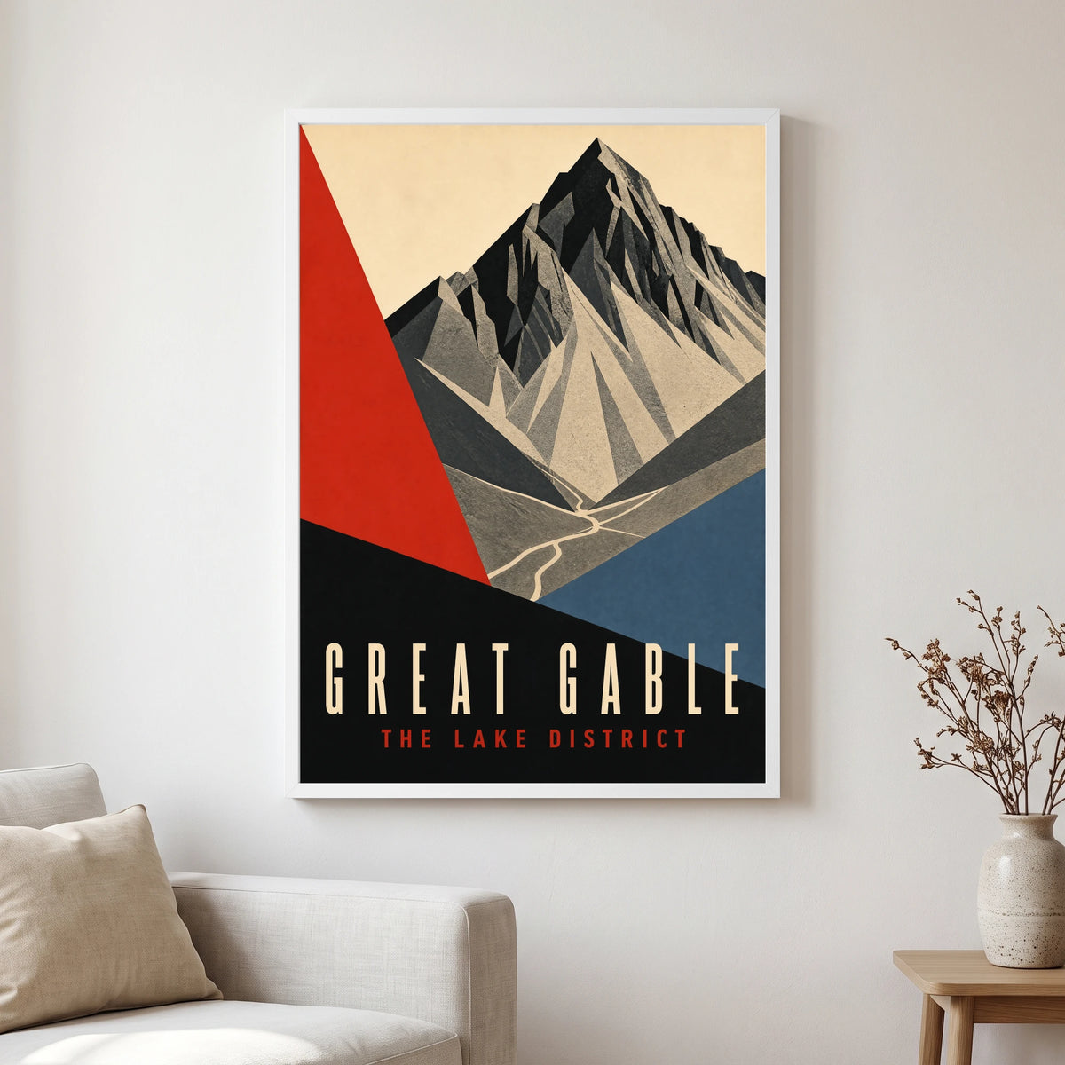 Great Gable travel poster in a white frame, hanging in a living2
