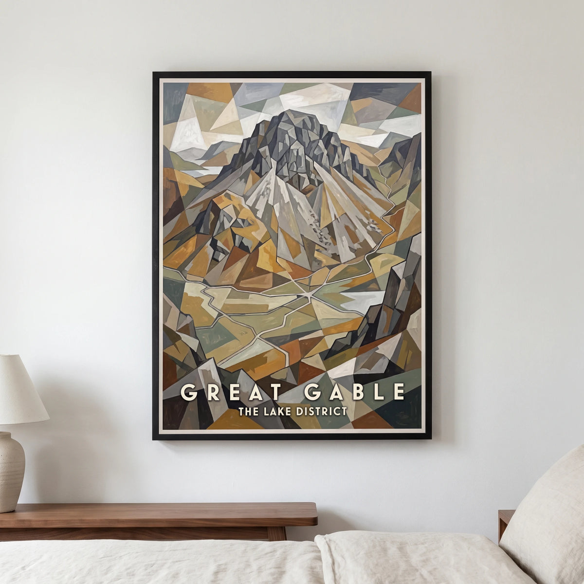 Great Gable travel poster in a black frame, hanging in a bedroom3