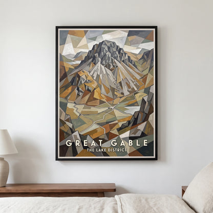 Great Gable travel poster in a black frame, hanging in a bedroom3