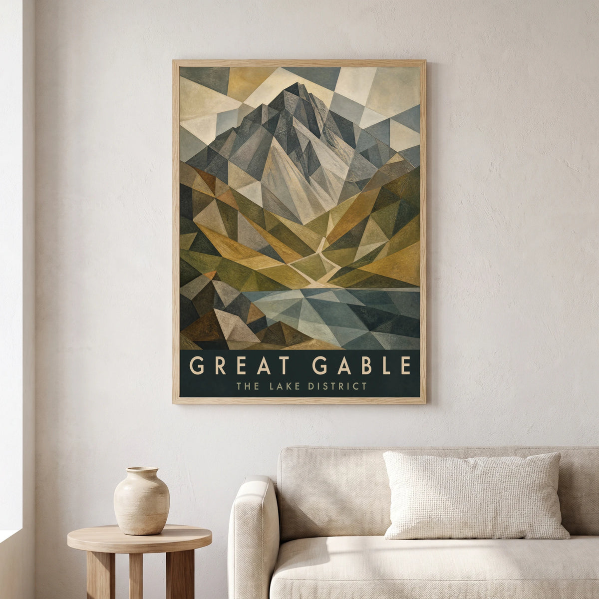 Great Gable travel poster in a natural frame, hanging in a living