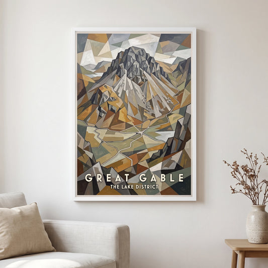 Great Gable travel poster in a white frame, hanging in a living2