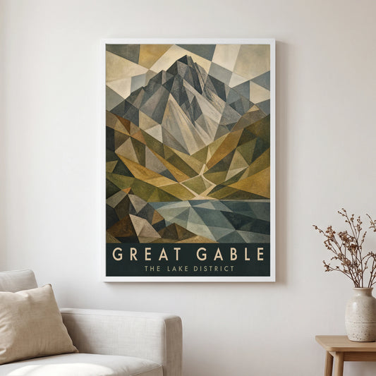 Great Gable travel poster in a white frame, hanging in a living2