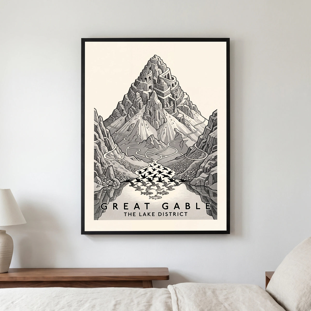Great Gable travel poster in a black frame, hanging in a bedroom3