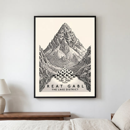 Great Gable travel poster in a black frame, hanging in a bedroom3