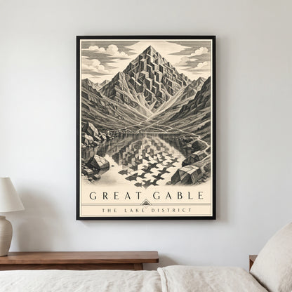 Great Gable travel poster in a black frame, hanging in a bedroom3