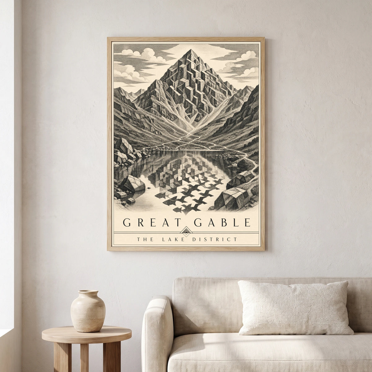 Great Gable travel poster in a natural frame, hanging in a living