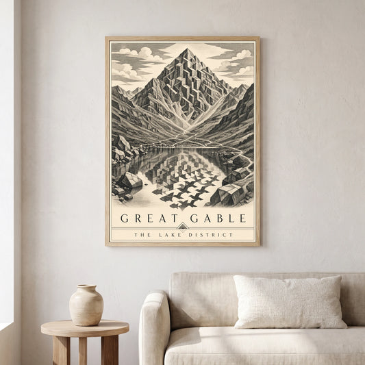 Great Gable travel poster in a natural frame, hanging in a living