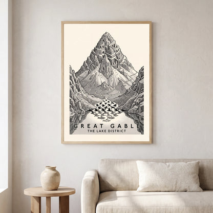 Great Gable travel poster in a natural frame, hanging in a living