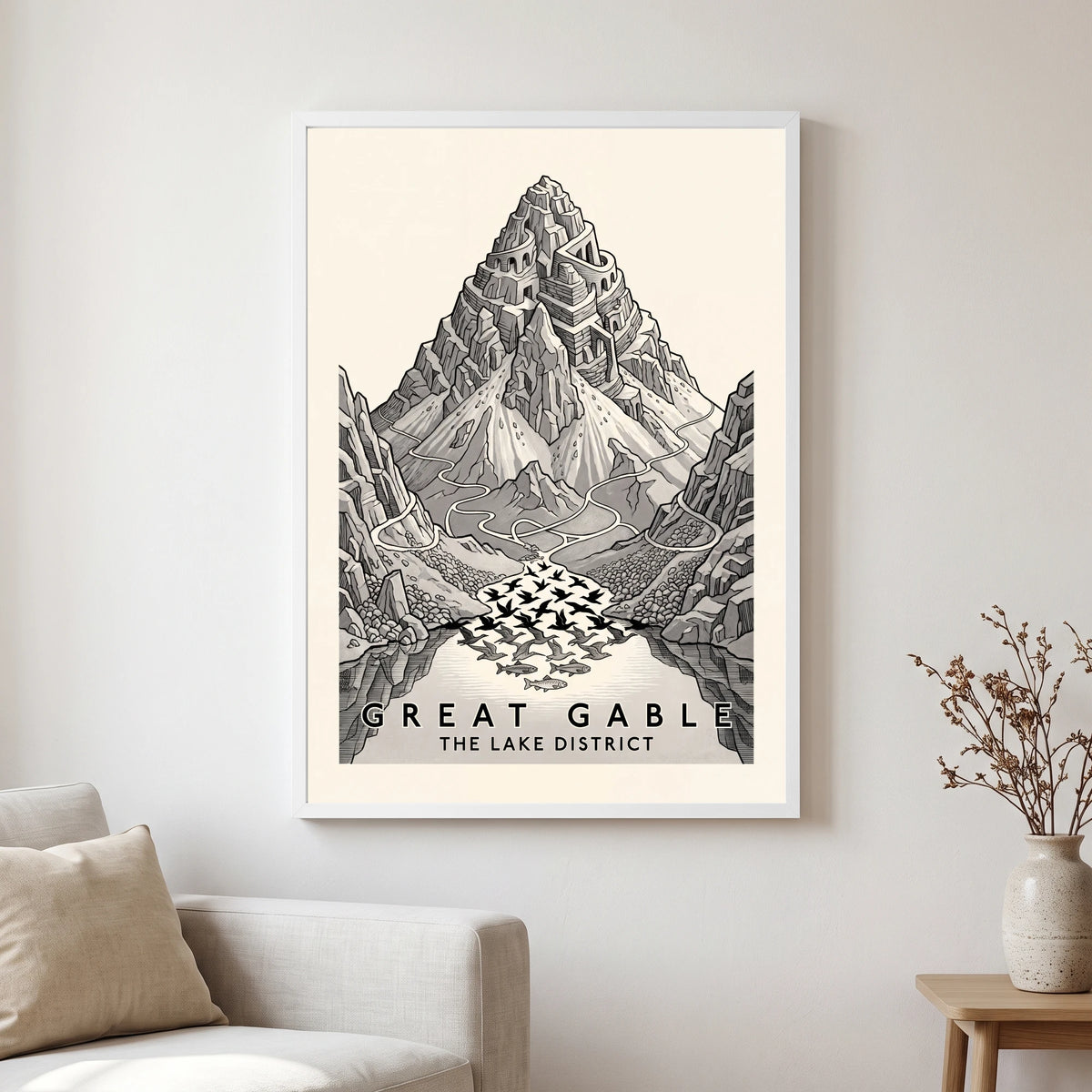 Great Gable travel poster in a white frame, hanging in a living2