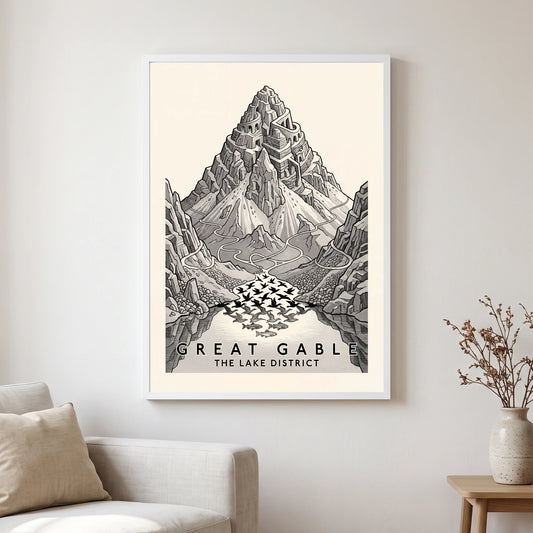 Great Gable travel poster in a white frame, hanging in a living2