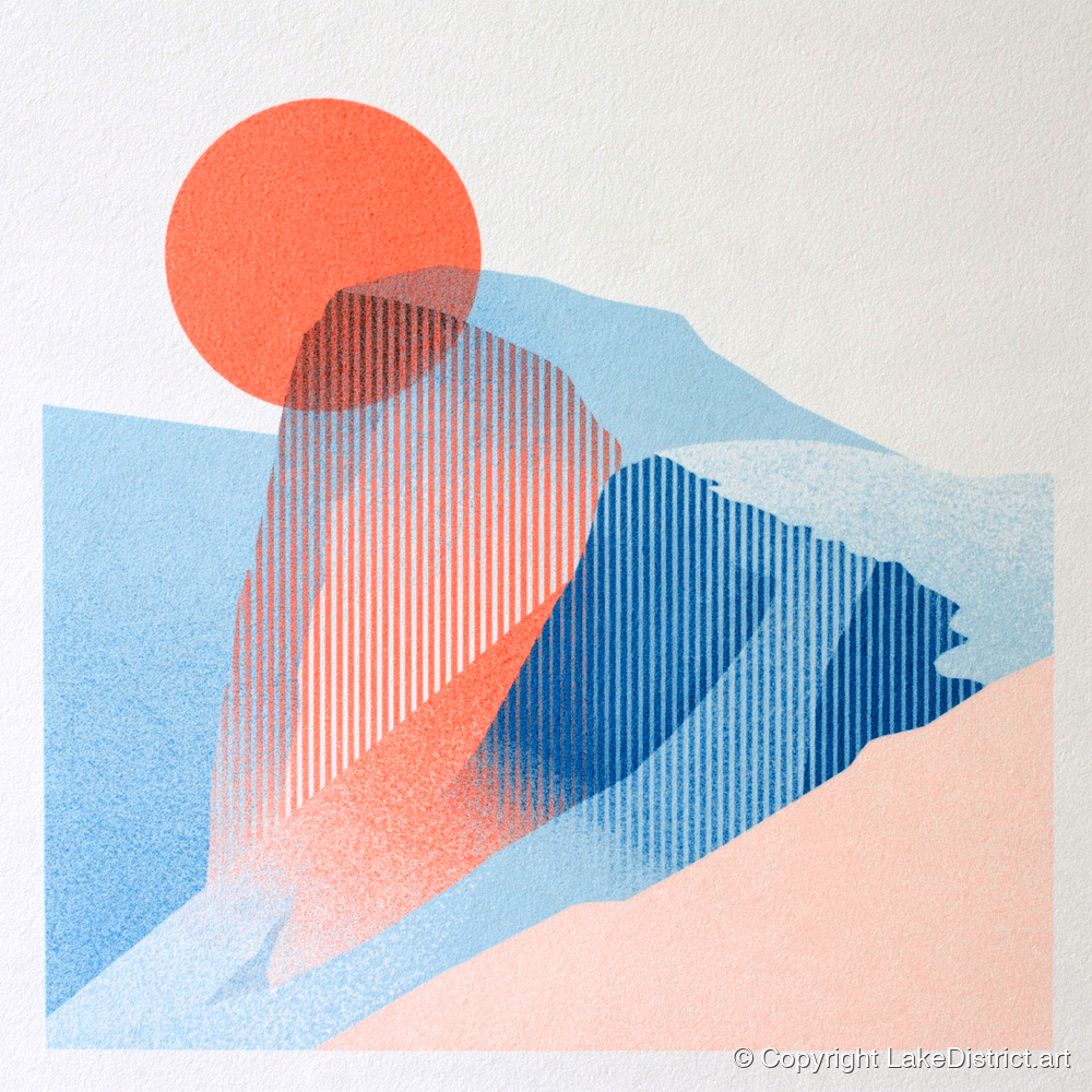 Great Gable in Coral and Blue - lake district fell art print and canvas by Elliot Reid A.I