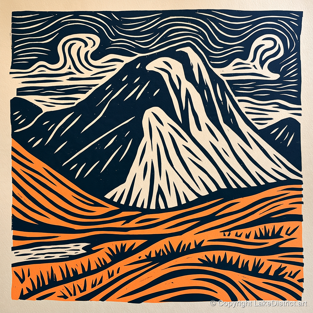 Great Gable in Navy and Orange - lake district fell art print and canvas by Leon Baxter A.I