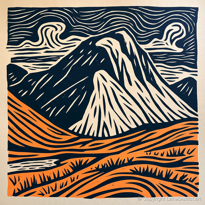 Great Gable in Navy and Orange - lake district fell art print and canvas by Leon Baxter A.I