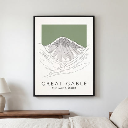 Great Gable travel poster in a black frame, hanging in a bedroom3
