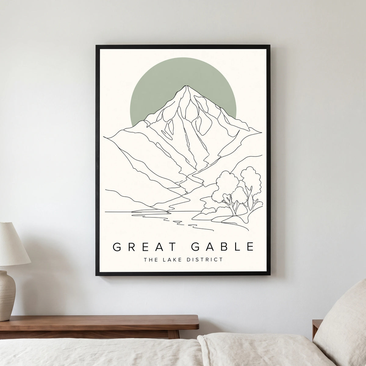 Great Gable travel poster in a black frame, hanging in a bedroom3