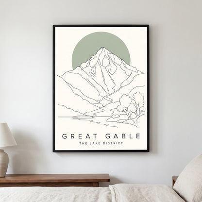 Great Gable travel poster in a black frame, hanging in a bedroom3