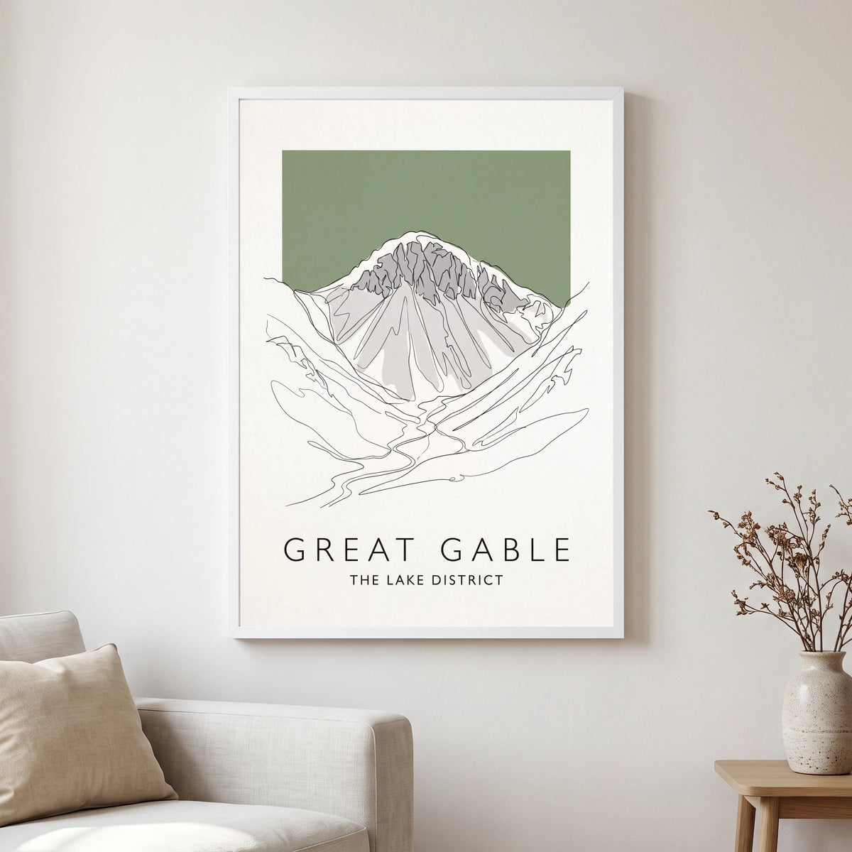 Great Gable travel poster in a white frame, hanging in a living2