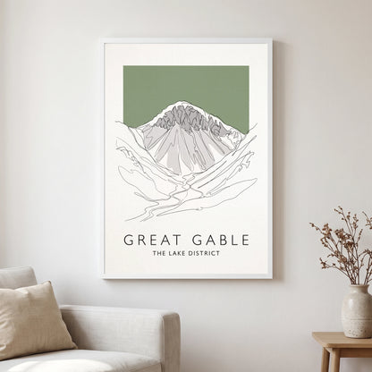 Great Gable travel poster in a white frame, hanging in a living2