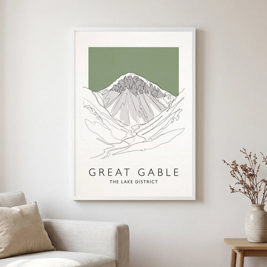 Great Gable travel poster in a white frame, hanging in a living2