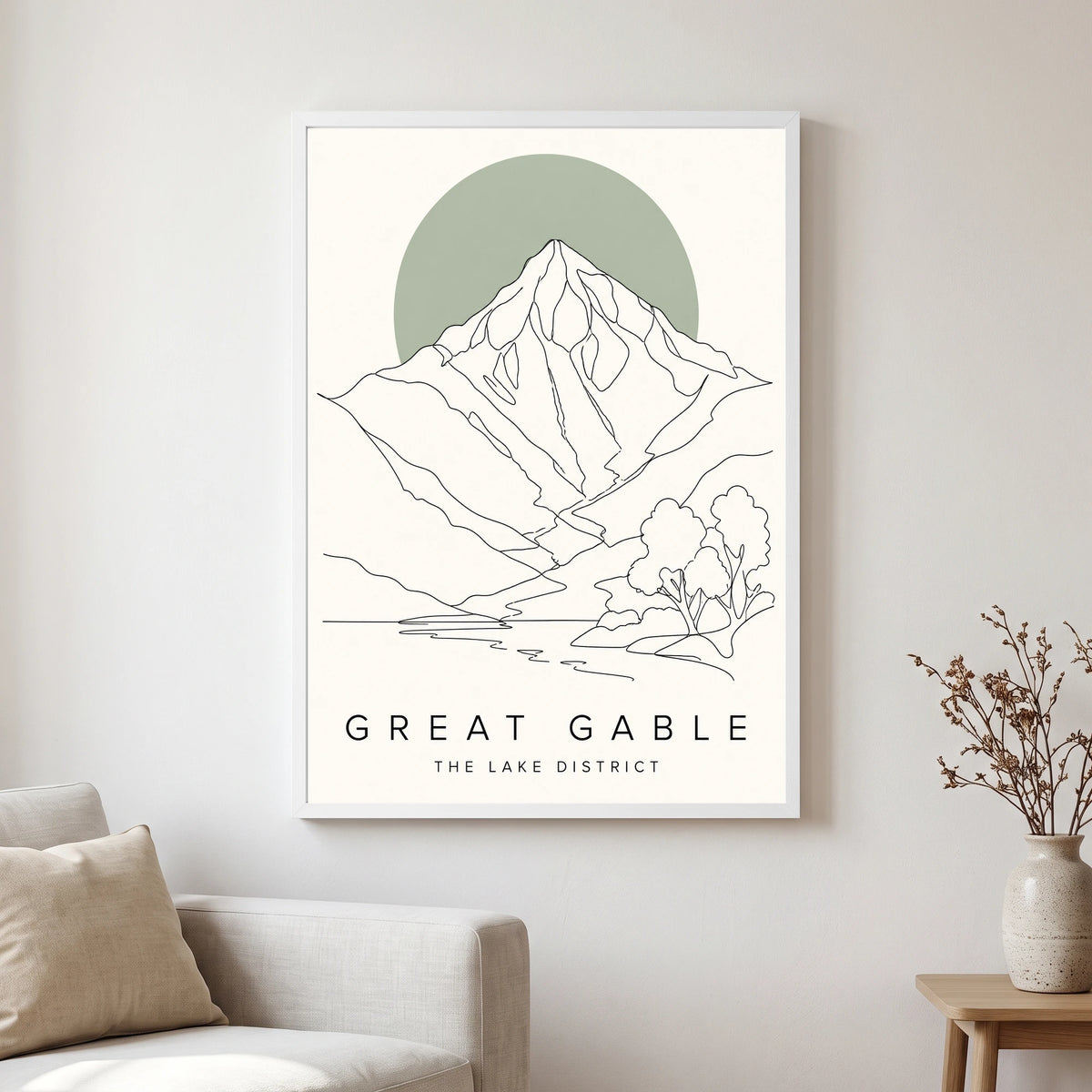 Great Gable travel poster in a white frame, hanging in a living2