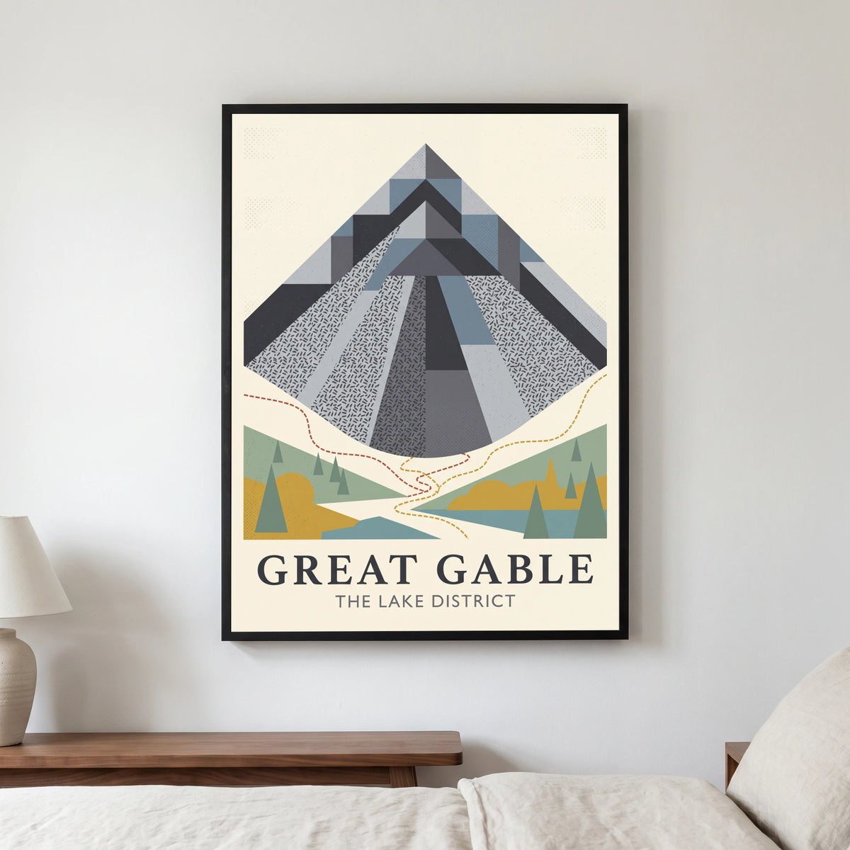 Great Gable travel poster in a black frame, hanging in a bedroom3